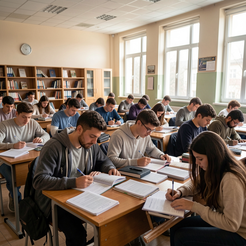 Üniversite muhasebe sınıfı, öğrenciler ders materyalleri üzerinde çalışıyor, büyük sınıf ortamı