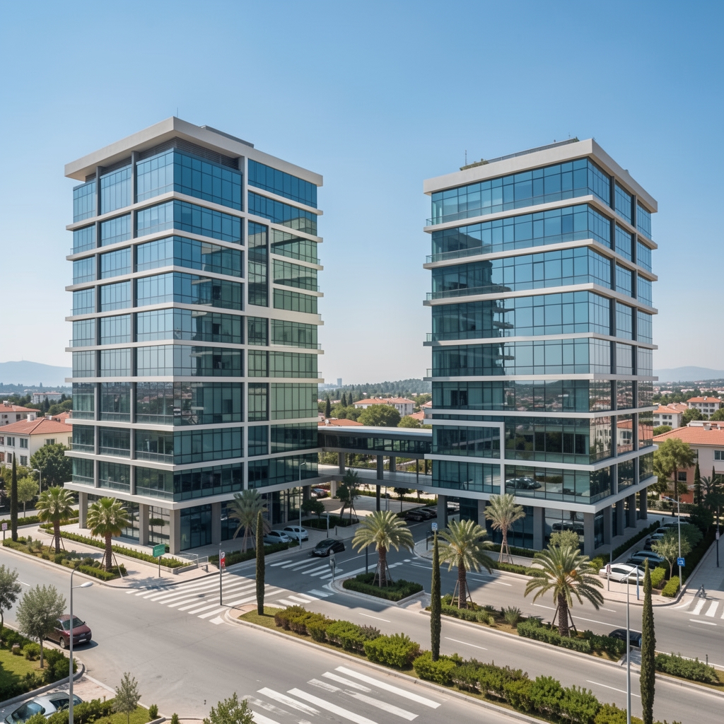 Antalya şehir merkezinde modern cam ofis binaları, gün ışığında iş dünyası bölgesi panoramik görünüm