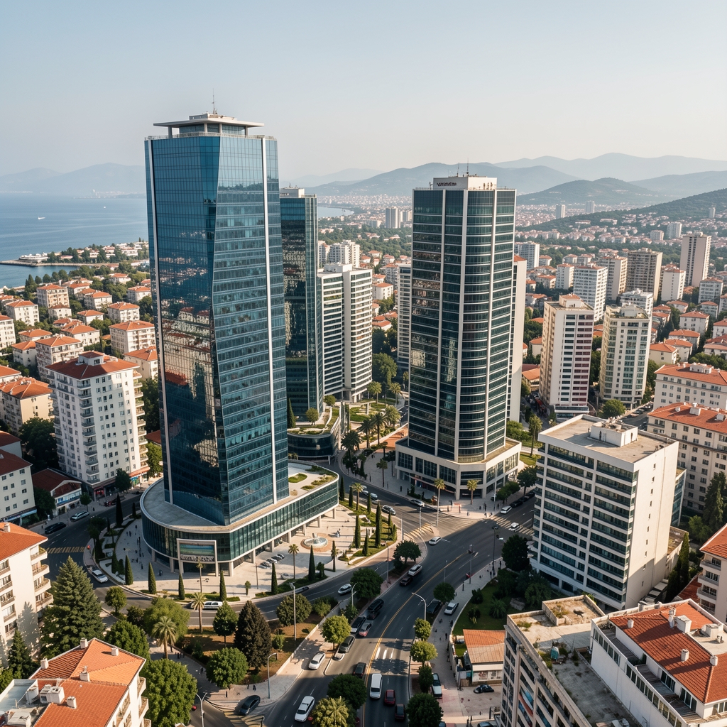 Antalya şehir merkezi modern iş kuleler ve ofis binaları geniş açıdan hava fotoğrafı, Türkiye